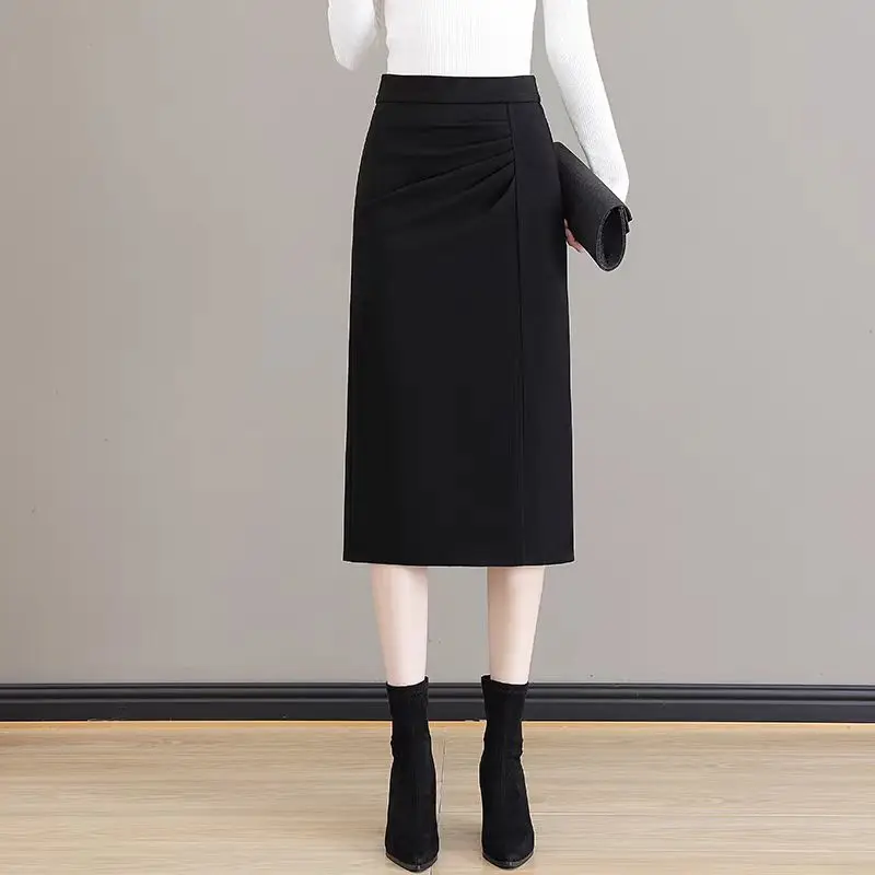 Woolen Skirt Women's Autumn Winter High Waist Slimming Straight Tube Hip Skirt Mid Length Slit One Step Dress