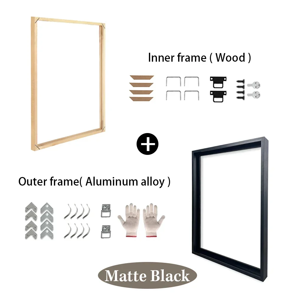Customized DIY Frame Set in 8 Colors Golden Black Metal Aluminum Frame & Wooden Inner Frame Canvas Poster for Gallery Home Decor