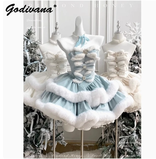 Vestido tutú ajustado sin tirantes con lazo de copo de nieve, vestido de fiesta de princesa de Año Nuevo para invierno, vestido de Navidad peludo con agradable arco para niña y mujer
