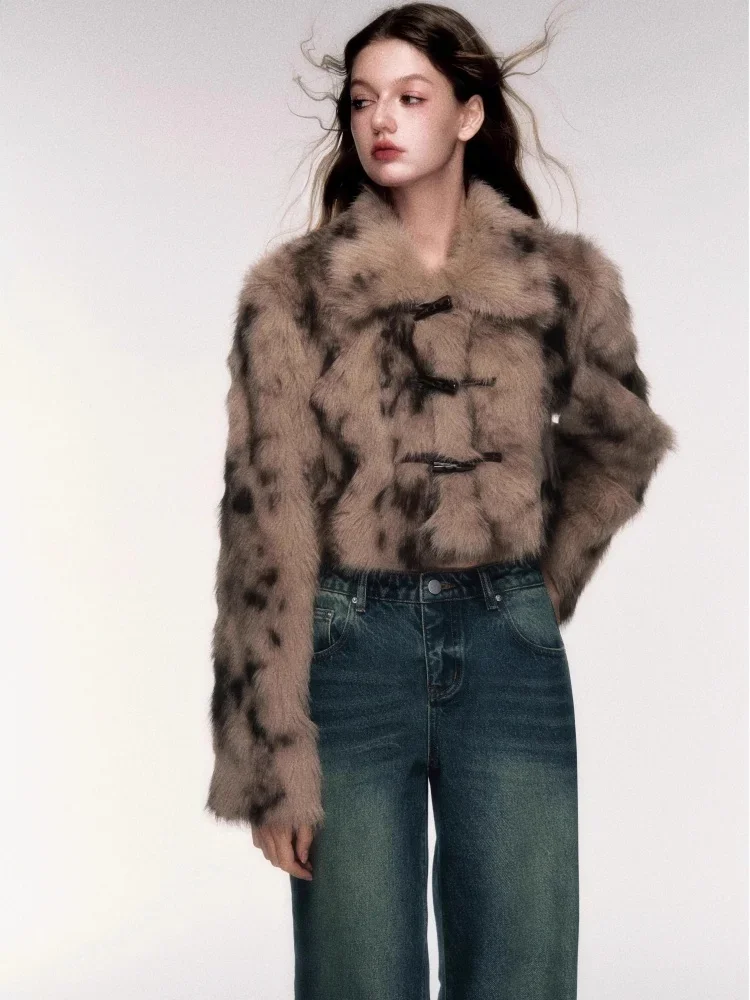 Original Dragon Pattern Fashion Retro Sweet Sexy Horn Buckle 2024 Women's Winter Short Leopard Print Imitation Faux Fur Coats