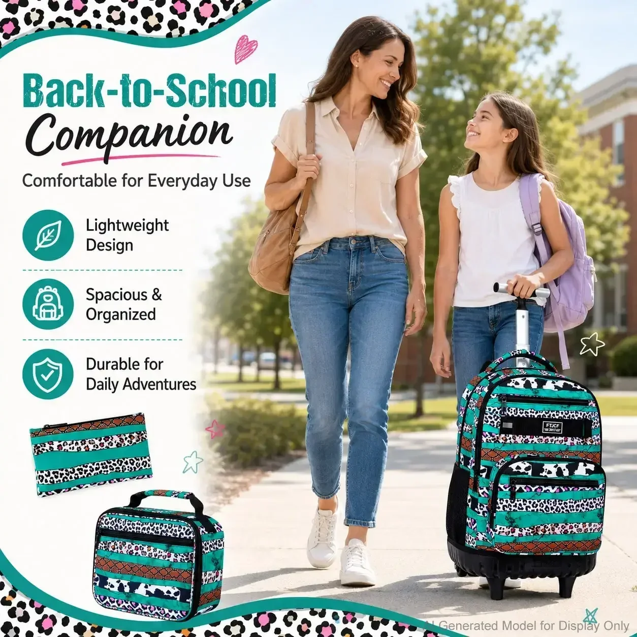 Rolling School Backpack For Girls, Women Roller Bookbag With Lunch Box For Adults, Water Resistant Wheeled School Bag For College Teens Kids Travel