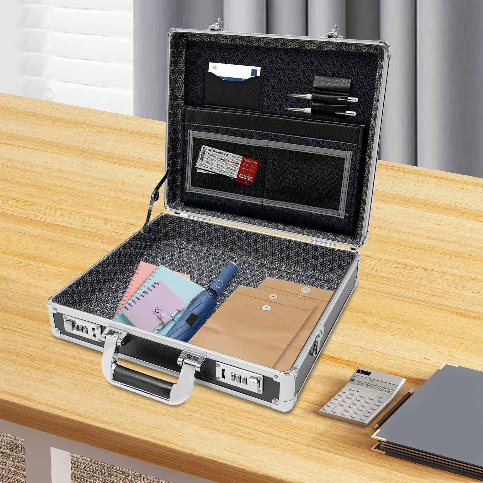 Aluminum Alloy Briefcase Locking Storage Box, Black Security Case with Double 3-Digit Combination Lock, for 15.6
