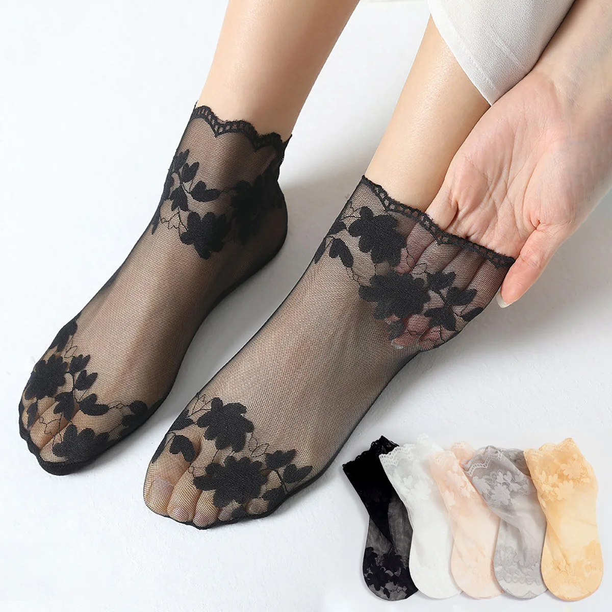 5 Pairs Women Lace Thin Transparent Socks Summer Flower Invisible Ruffle Sock Mesh Breathable Fashion Female Ankle Socks