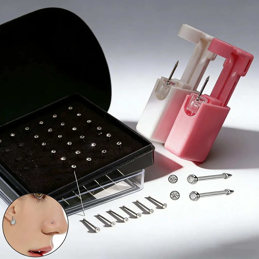 Disposable Nose Piercing Kit Machine with One Box(24 Pieces) Nose Jewelry Nose Studs Ring for Salon Home Use
