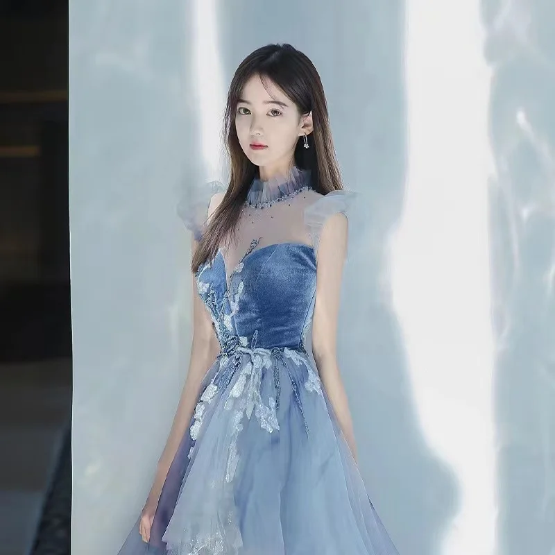 Nouvelles Robes De bal bleu clair a-ligne col haut étoilé brillant Appliques manches bouffantes Robes De soirée De mariage Robes De soirée