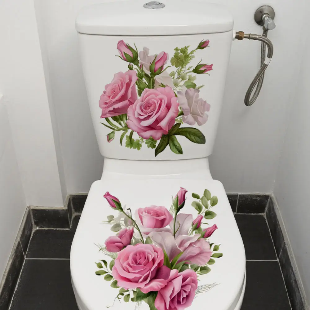 Pink Rose Toilet Sticker Floral Bathroom Decor Decal Art Mural Waterproof PVC Wallpaper Adhesive Cover For Home Commode