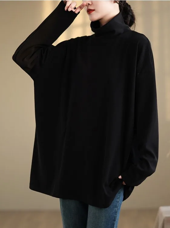 

Свободная длинная цветная футболка с высоким воротником для женщин больших размеров, осень-зима, новый удобный утягивающий базовый слой...