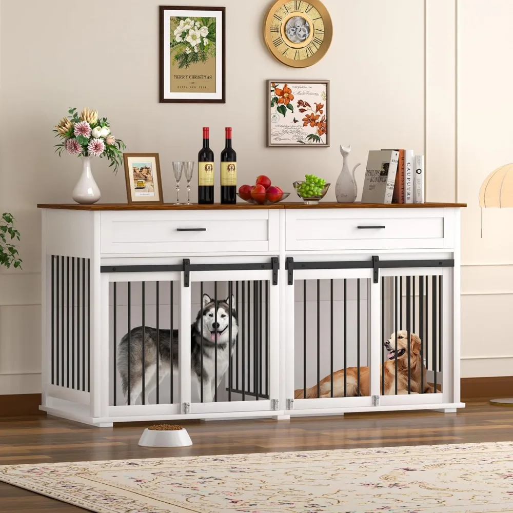 

63" L x 23.6" W x 33.3" H Double Wooden Dog Cage Table with 2 Large Drawers & Safety Locks, Large Dog Crate Furniture for 2 Dog