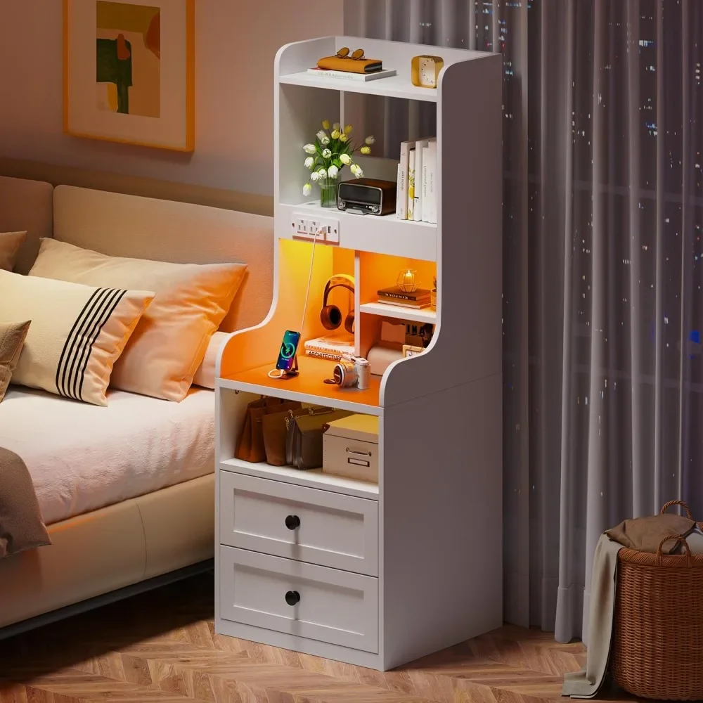 

Tall Nightstand with Charging Station and LED Lights White Nightstand with 2 Drawers and Shelves Large LED Nightstand , White