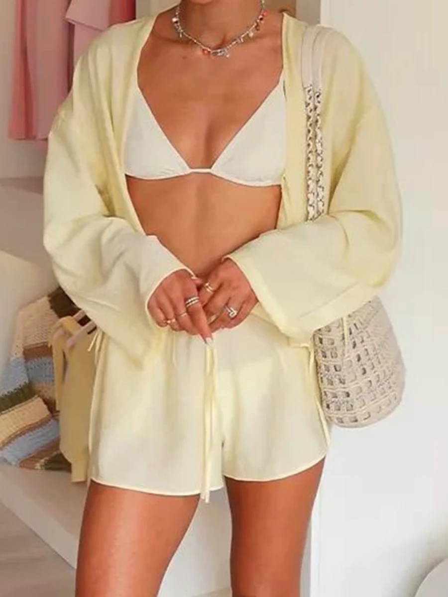 

Solid Folds Textured 2 Piece Set Women V-neck Lace-up Long Sleeve Short Blouses Summer Casual Simple Thin Drawstring Shorts Sets