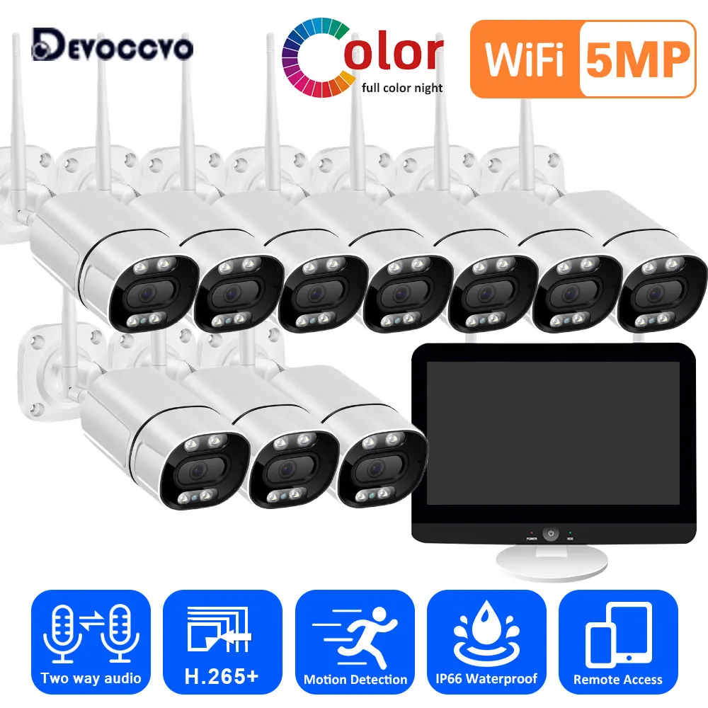 

5MP 10CH Wireless CCTV Security Camera System H.265 12.5" LCD Screen NVR Kit Color Night Vision Wifi Bullet Camera System Kit