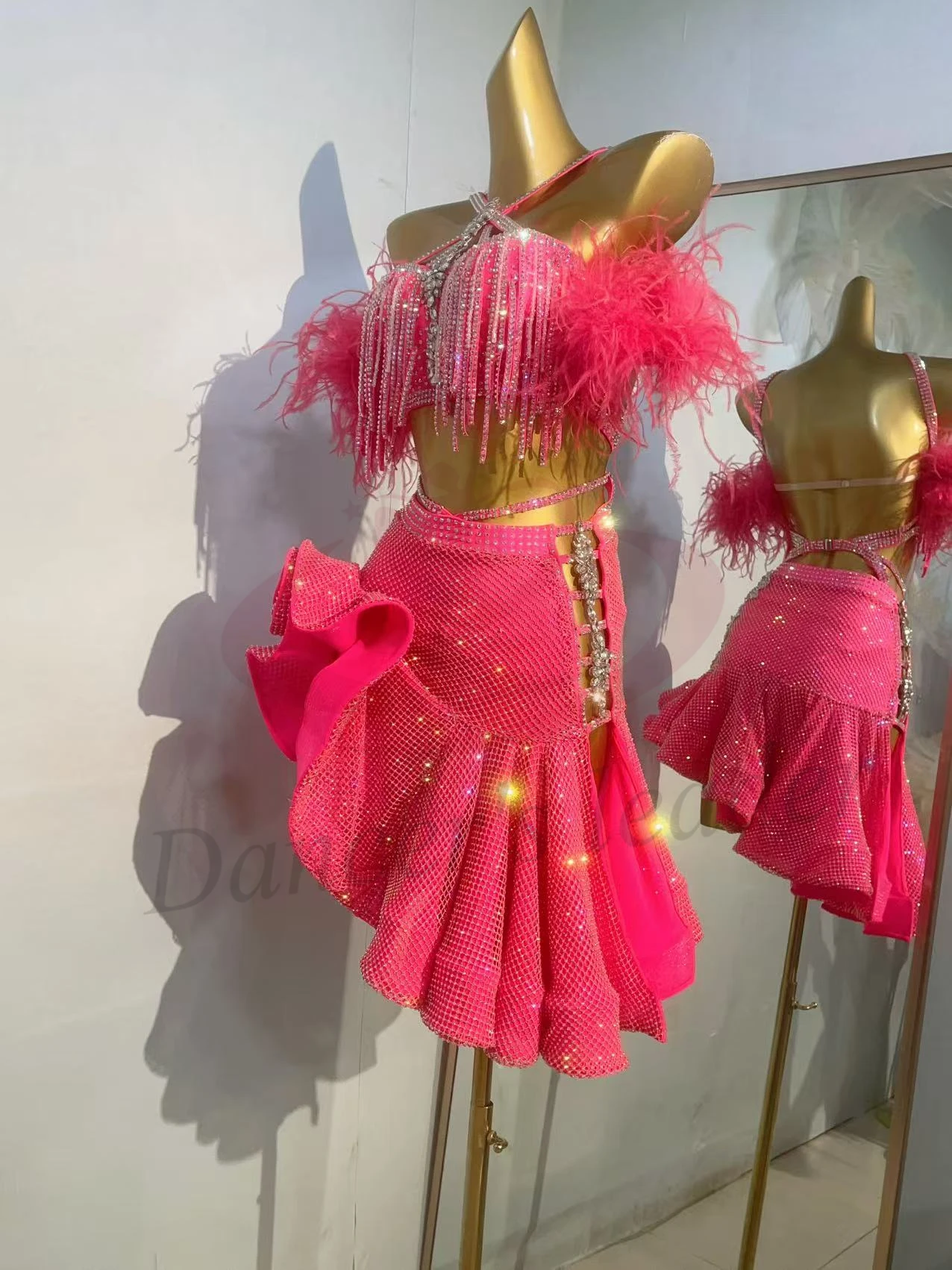 Latin Dance Women's High-end Customized Diamond Steamed Rolls Skirt Cha Cha Samba Performance Rhinestone Dress