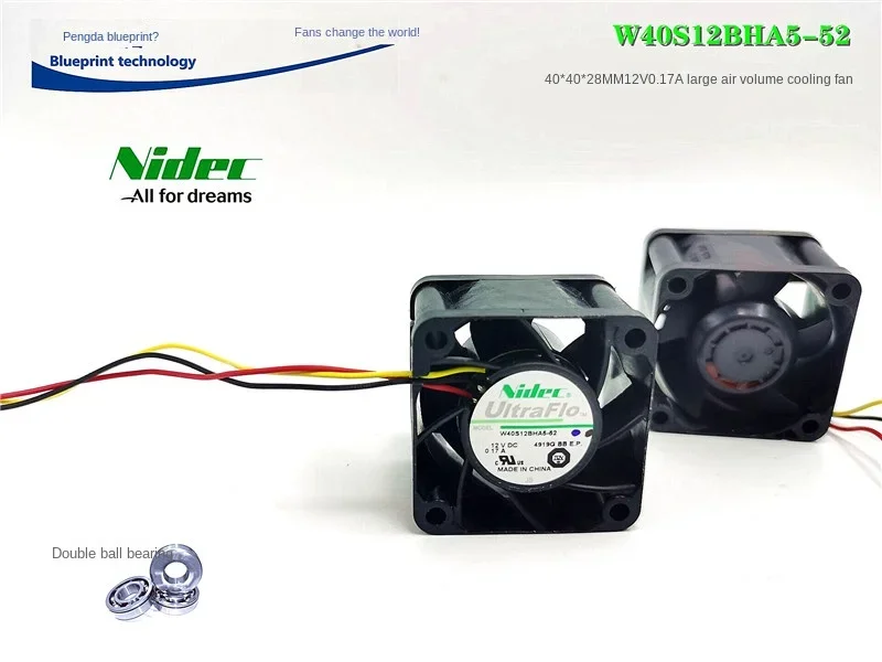 New Nidec W40S12BHA5-52 Double Ball Bearing 12v0.17a 4028 4cm Cooling Fan