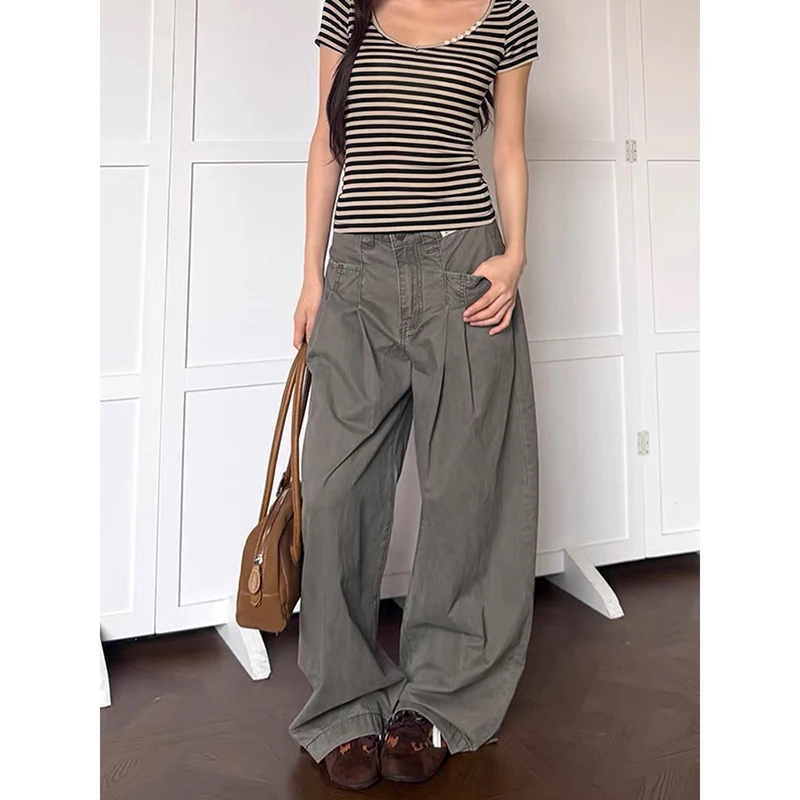 ZHIZOU Women Gray Y2k Gyaru Jeans Vintage High Waist Baggy Cargo Denim Jean Pants Harajuku Hiphop Grunge Wide Leg Denim Trousers