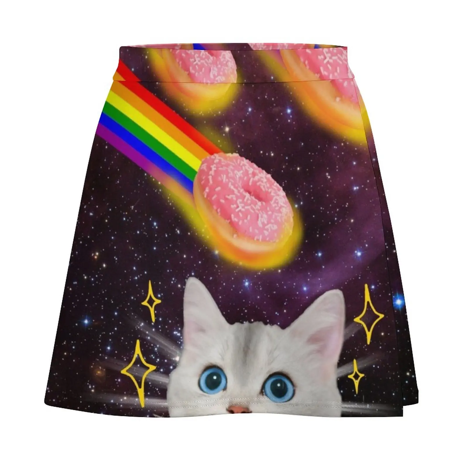 CAT IN SPACE DOUGHNUT GALAXY STARS FUNNY RAINBOW BEACH PARTY Mini Skirt skirts for woman Womens dresses Mini Skirt