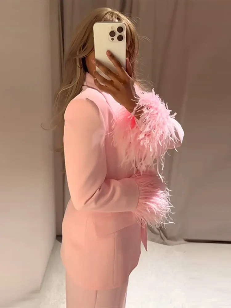 Feather Coat กางเกงชุดผู้หญิง Lapel Single Breasted Blazer สูท Jakcet ขาตรงกางเกง Urban Commute Lady ชุดอินเทรนด์