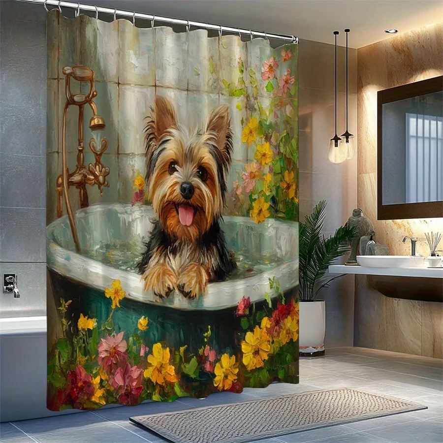 1pc Whimsical Yorkshire Terrier in Bathtub Shower Curtain, Polyester, Machine Washable, with 12 Hooks, for Tranquil Bathroom Dec