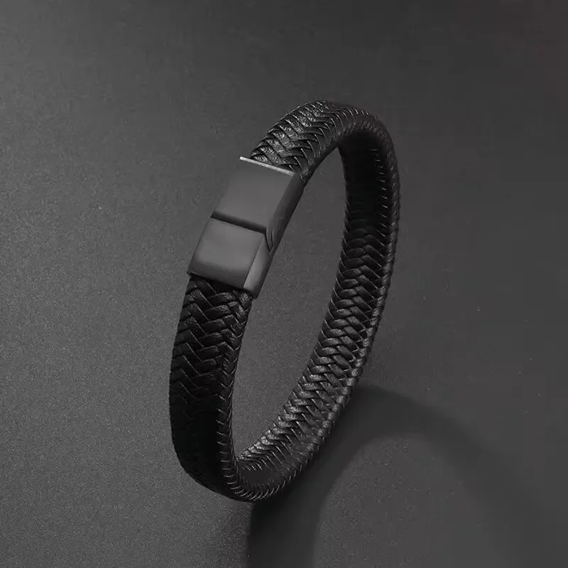 Classic Single Layer Black Hand Braided Leather Bracelet with Metal Magnetic Closure Men\\\'s Business Jewelry