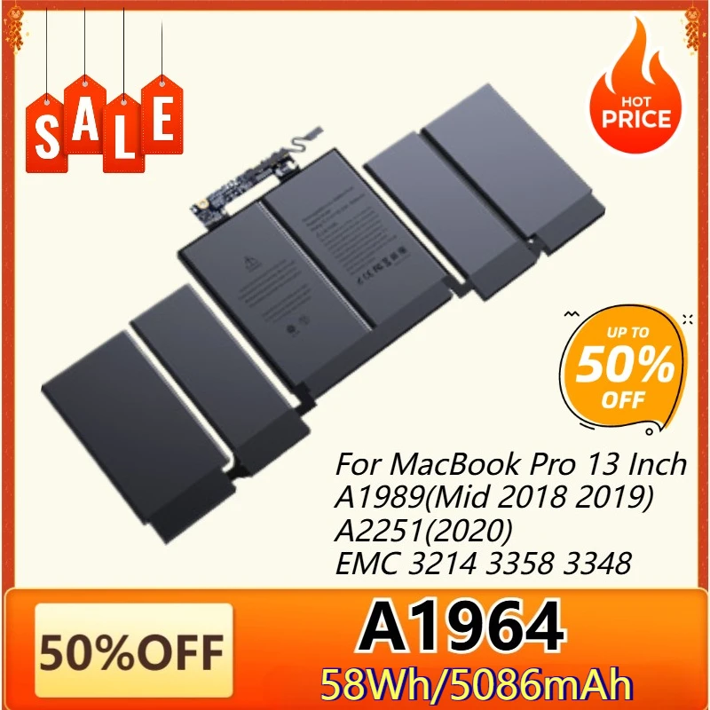 

A1964 Аккумулятор для ноутбука 5086 мАч для MacBook Pro 13 дюймов A1989 (Mid 2018 2019) A2251 (2020) EMC 3214 3358 3348 Сменный аккумулятор