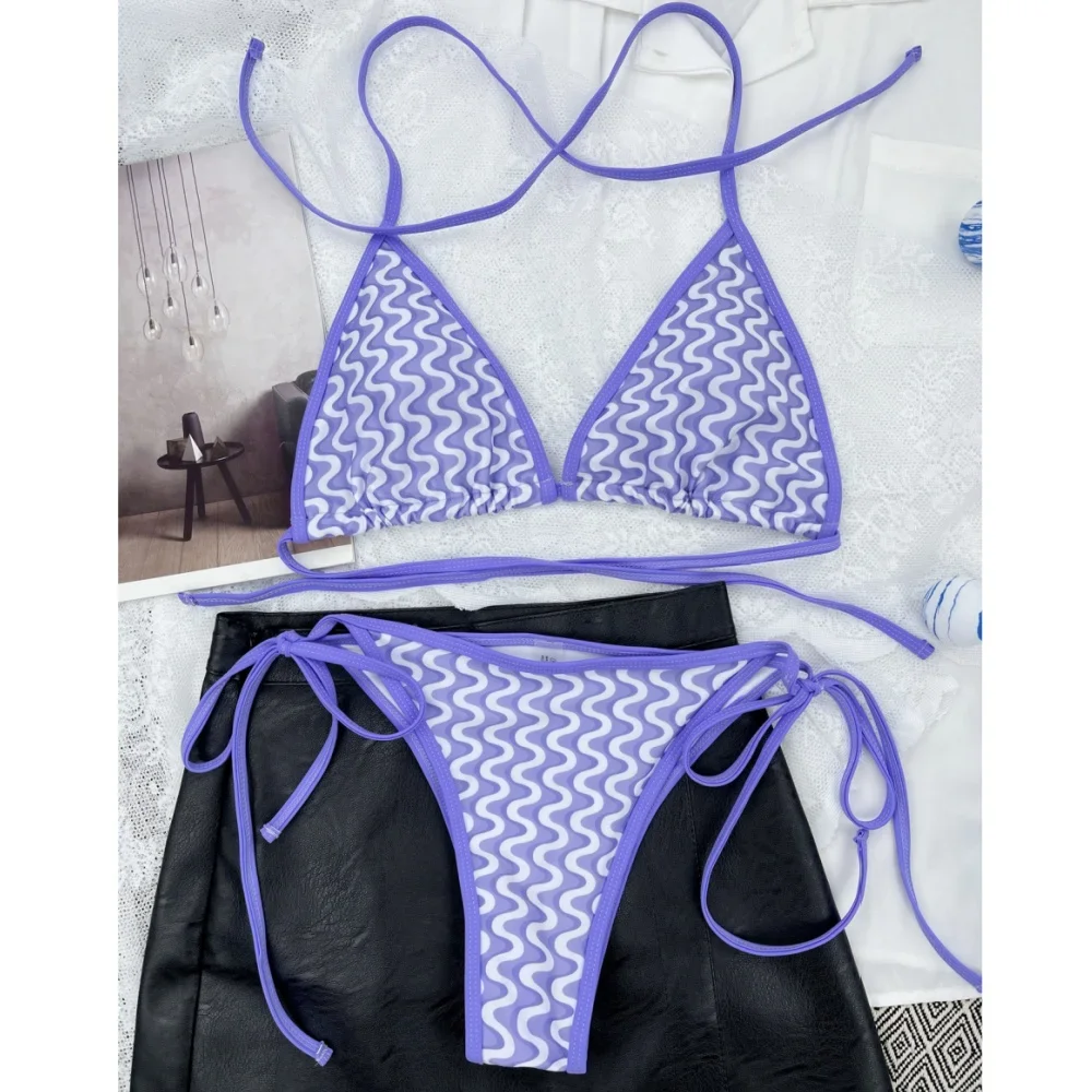 Wave Print Swimsuit Micro String Bikini Backless Swimwear 2 Piece Women Brazilian Beach Wear Bathing Suit Y2K Bikinis Set Outfit