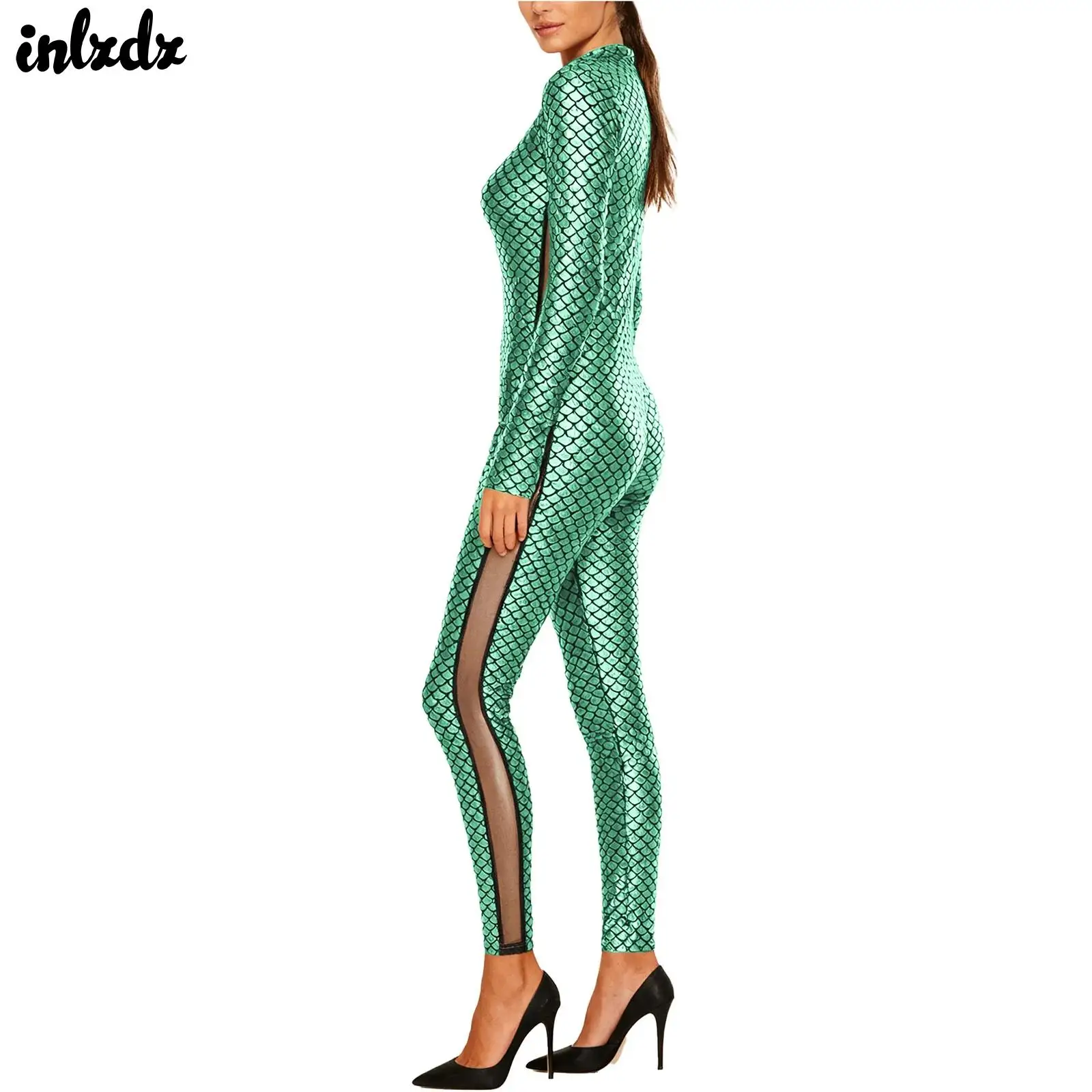 

Womens Mermaid Fish-scale Print Unitard Costume Metallic Shiny Side Sheer Mesh Long Sleeve Leggings Jumpsuit Full-body Bodysuit