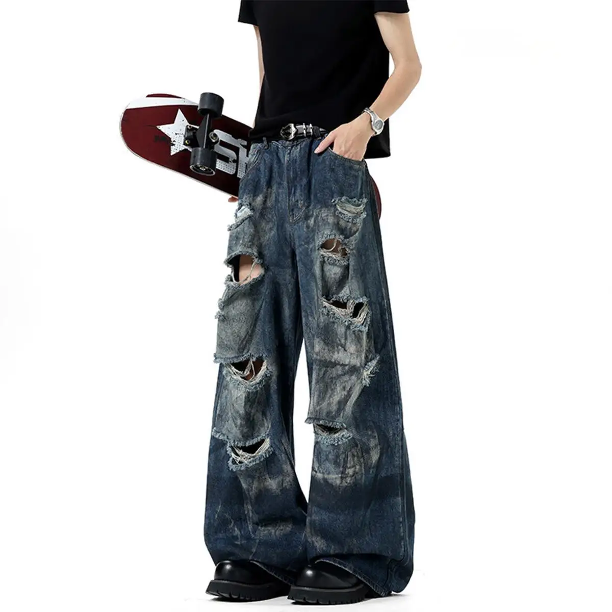 Pant Straight Loose Wide-leg Dirty Dyed Holey Jeans Men Fashionable Personality Cool All-matching Casual Trousers