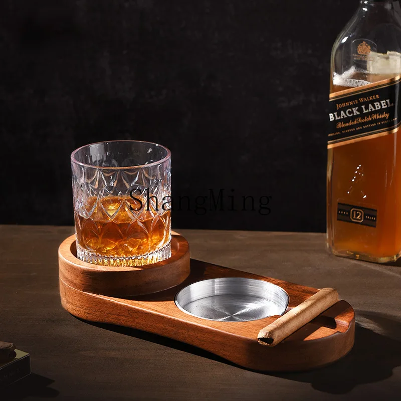 SM Whiskey Cup Holder Restaurant Bar Wooden Ashtray Cigar Ashtray Wine Glass Holder 2-in-1
