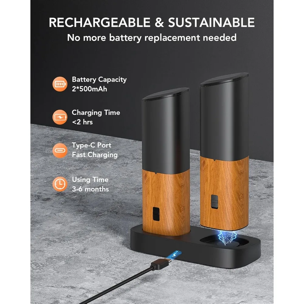 مجموعة مطحنة الملح والفلفل الكهربائية، سعة كبيرة مطورة، خشونة قابلة للتعديل مع ضوء LED (حبوب الخشب الطبيعي)