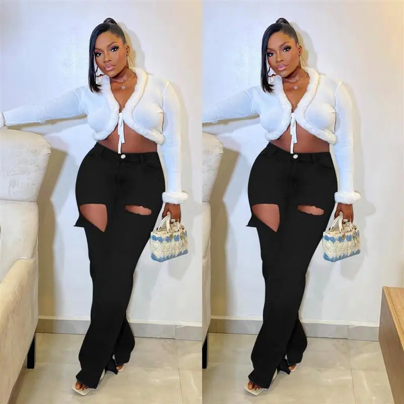 

Трассируемый ZT60308 # Женские джинсовые узкие брюки с разрезами и дырками, длинные джинсы Bla от Wi-трансграничного бренда Faion