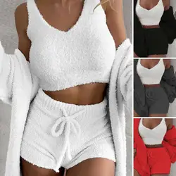 3 Pcs/Set Fall Winter Women Coat Vest Shorts Set  Homewear Clothes Sleepwear Hooded Warm Jacket Elastic Waist Shorts Outfit