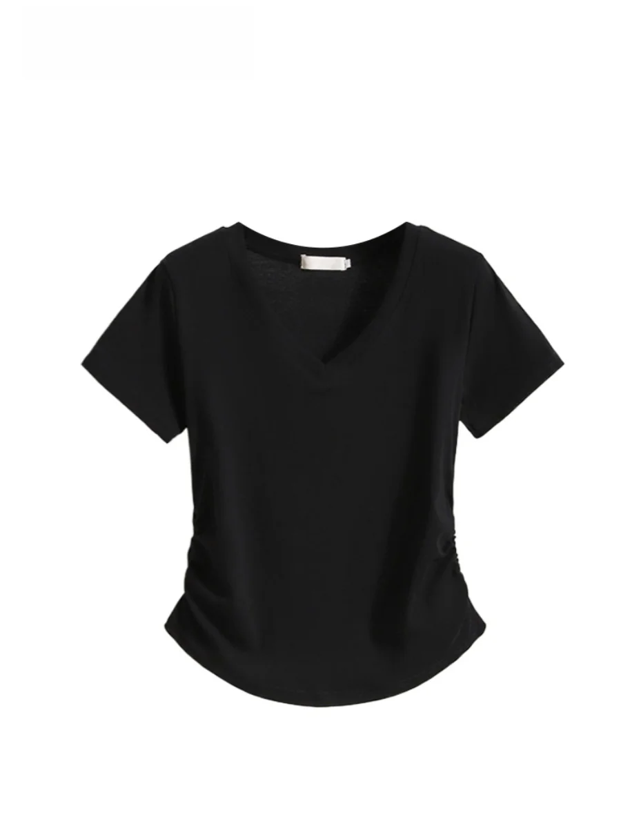 

Cara CLUB plus Size Women's T-shirt V-Neck Short Sleeve Summer Slimming Sweet And Spicy Top Belly Concealing Cotton Blend