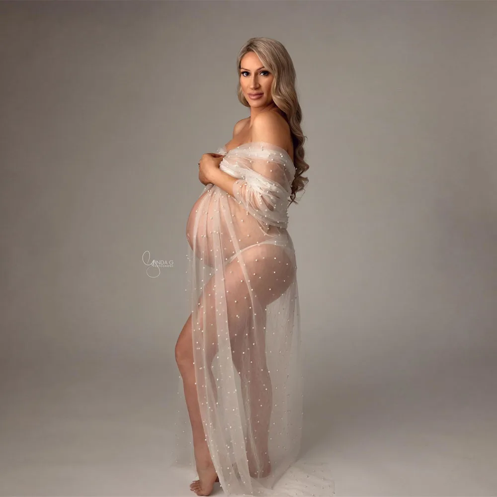 Maternity Photography Props for Photo Shoot Full Yard Scattered Pearls Studded Mesh Stretch Pregnant Grown Lace Pearls Wraps