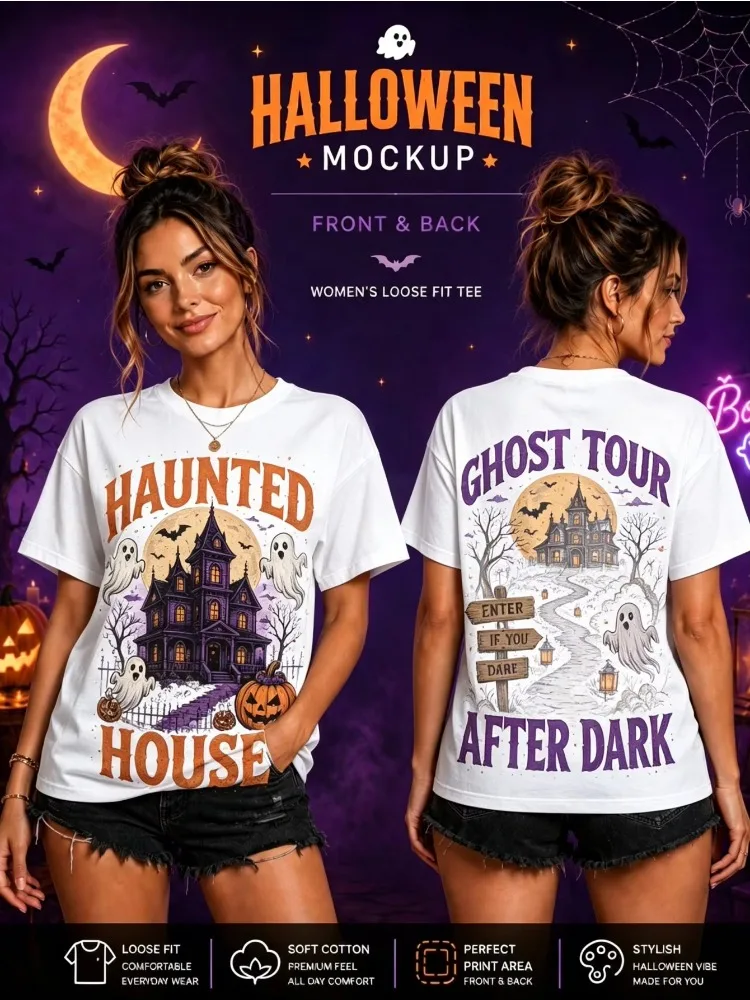 Ladies' Retro Dark Ghost Bat Haunted House Pumpkin Double-sided Printed Round Neck Loose Short Sleeved T-shirt