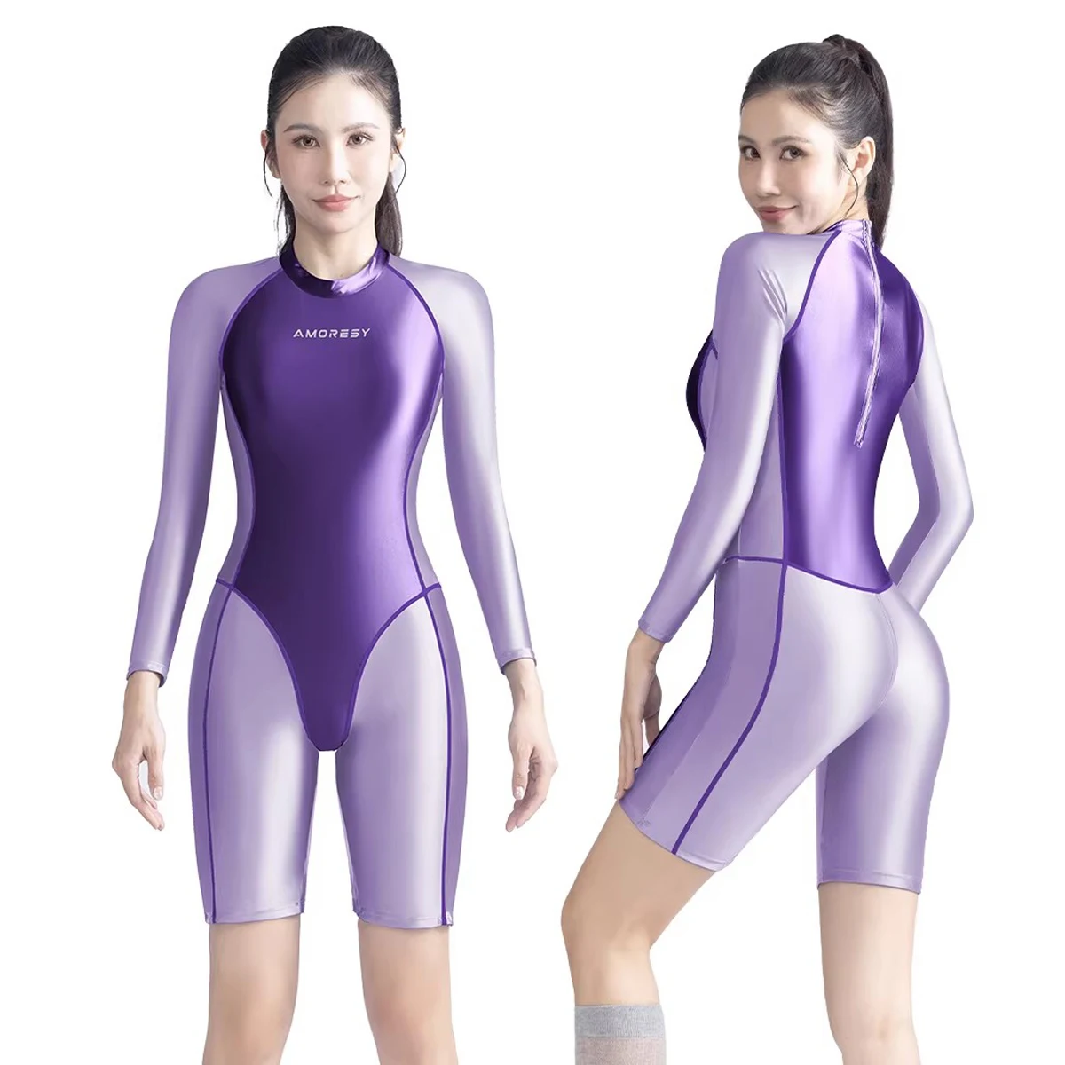 AMORESY Vixen Women Satin Sport Jumpsuit One-piece Glossy Patchwork Elastic Back Zipper Diving Racing Quickdry Swimwear Bodysuit