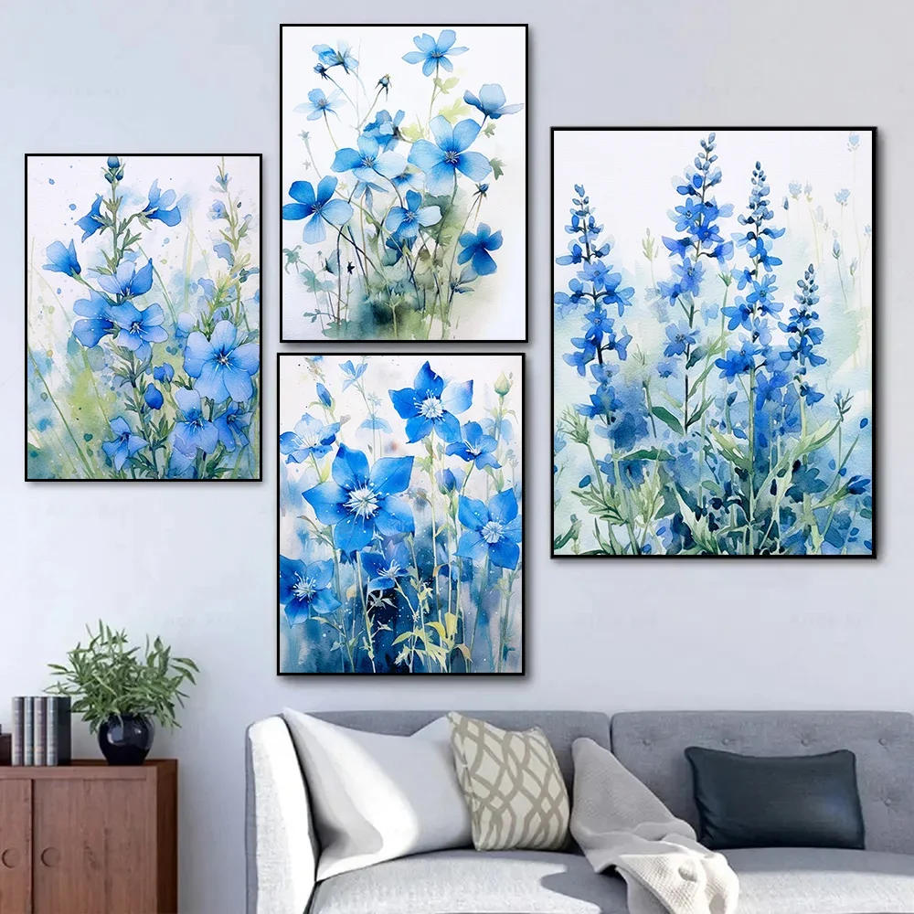 Modern Minimalist Plant Floral Art Blue Watercolor Illustration Poster Canvas Paintings Wall Art Pictures Home Decor