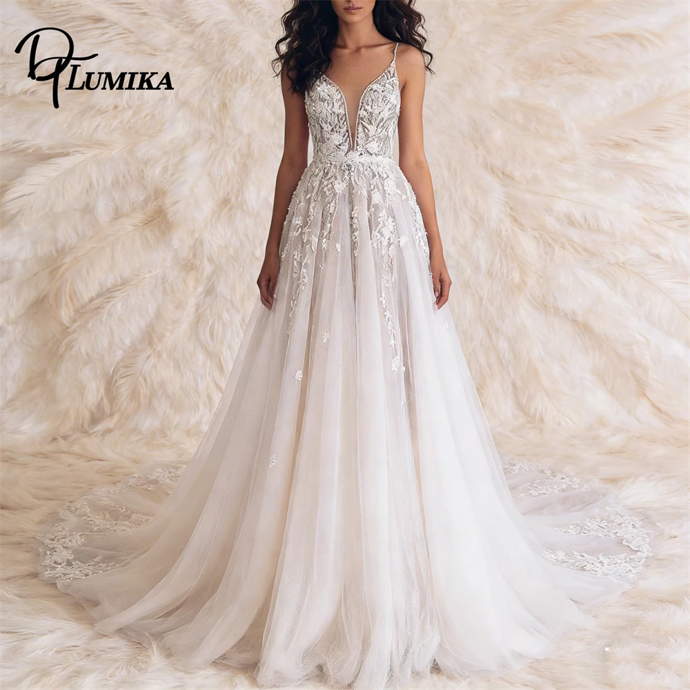 Romantic A Line Tulle Bride Dress for Women 2026 Spaghetti Straps Lace Appliques Wedding Reception Bridal Gown Customized Gown