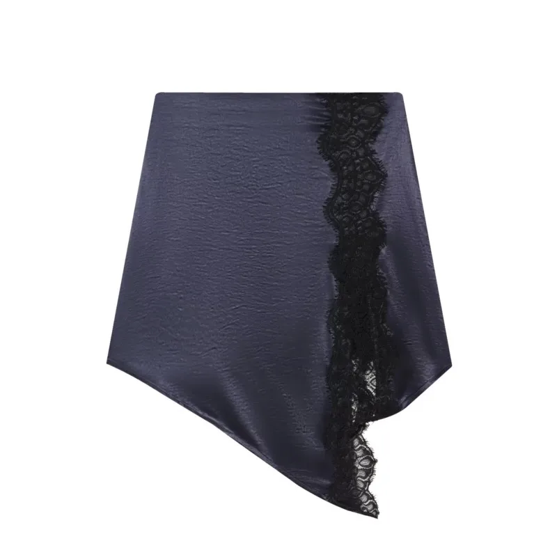 

Spring Summer Women Satin Mini Skirt with Lace Casual Asymmetric Hem Side Zip Asymmetric Lace Women's Skirts Female Chic Skirts
