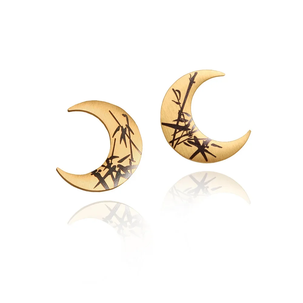 Bamboo Shadow Moon New Chinese Moon Hand Painted Lacquer Art Matte Crescent Earrings Cold Wind Titanium Steel Plated 18K