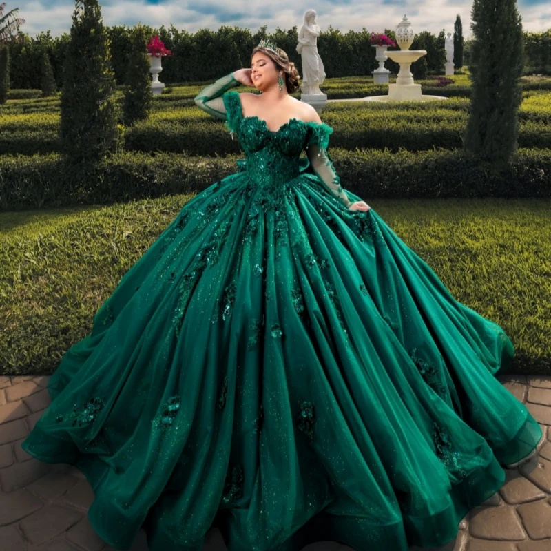 

dark green Shiny Ball Gown Quinceanera Dresses Applique Flower Beading Crystal bow Tiered Tull Corset Off The Shoulder Sweet 16