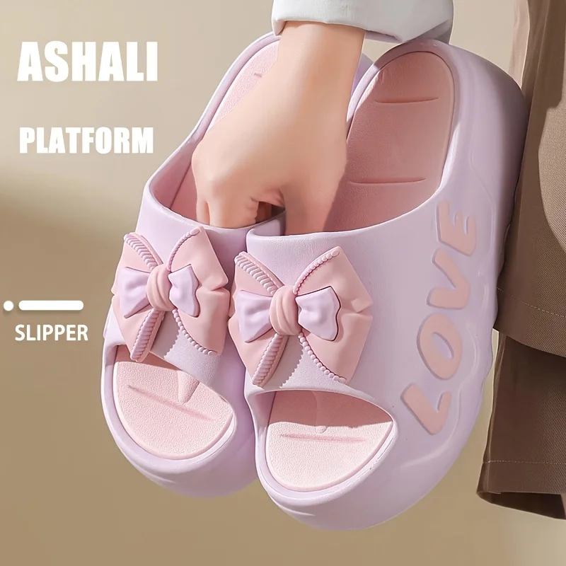 New Women's Thick Soled High Heel Indoor Home Fashion Bow Bath Slippers