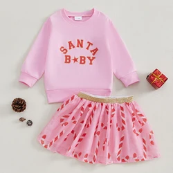 Toddler Girls Christmas Outfits 2Pcs Round Neck Long Sleeve Sweatshirt + Candy Cane Print Tulle Skirt Set Infant Baby Clothes