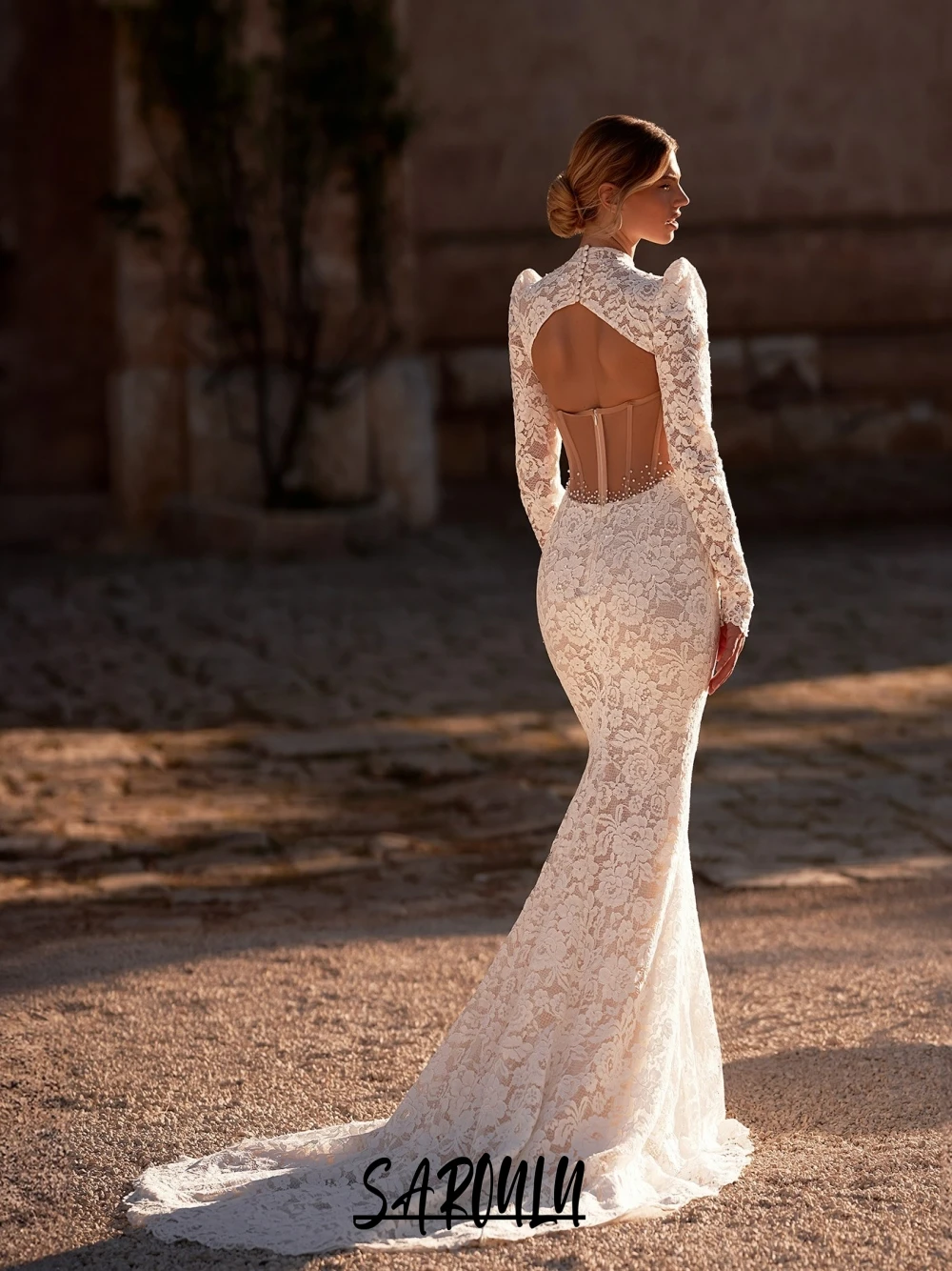 

Chic Open Back Corset Pearls Wedding Dress Dreamy Lace Women Bride Wear New Arrival Customized Detachable Sleeves Mermaid Gown