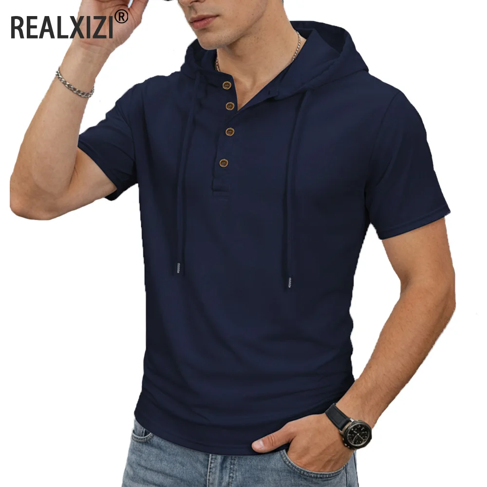 Men's Hooded T Shirt Henry Neck Drawstring Short Sleeve Men Summer Casual Slim Fit Hoody Shirt Homme Top Tees Streetwear