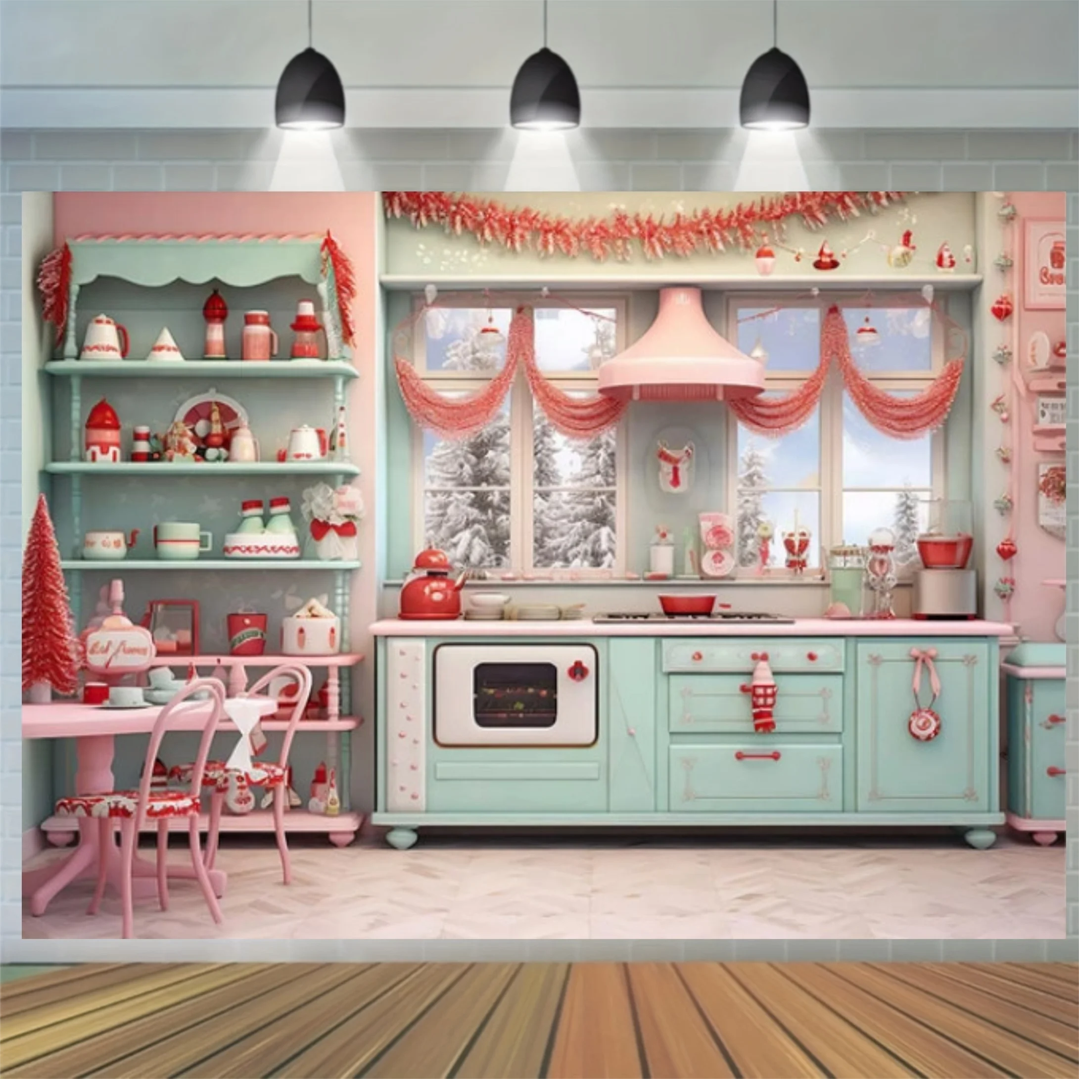 Vintage blaue Küchen schrank Weihnachts baum Hintergrund-Winter Weihnachten Küche süße Party Fotografie Hintergrund Banner