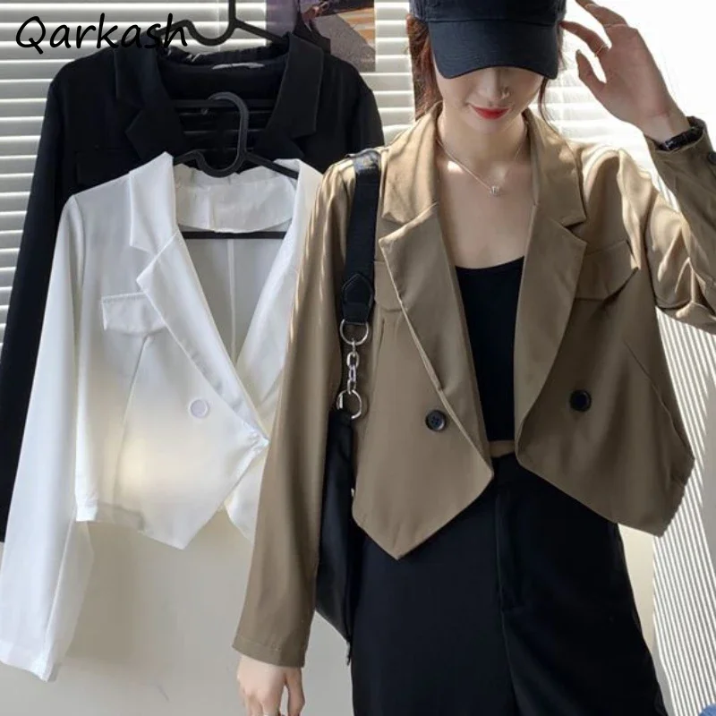 Cropped Blazers Women Office Lady Solid Streetwear Casual Clothing Aesthetic Mujer Vintage England Style Minimalist Tender Daily