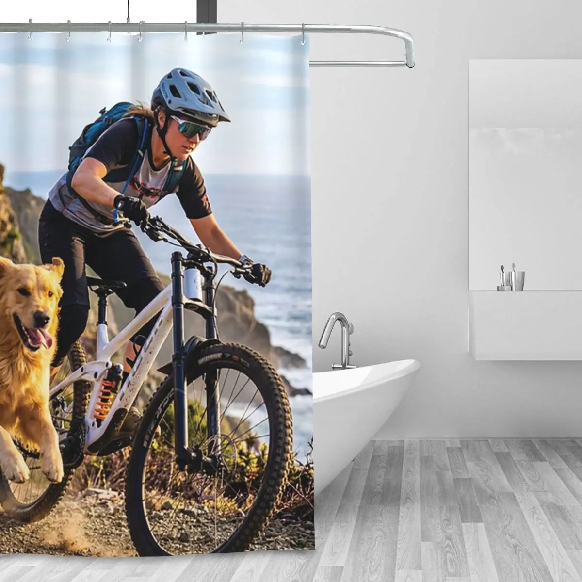 Freedom On The Edge Female Mountain Biker And Golden Retriever Trail Ride Shower Curtain Bathroom Bath Curtains with Hooks