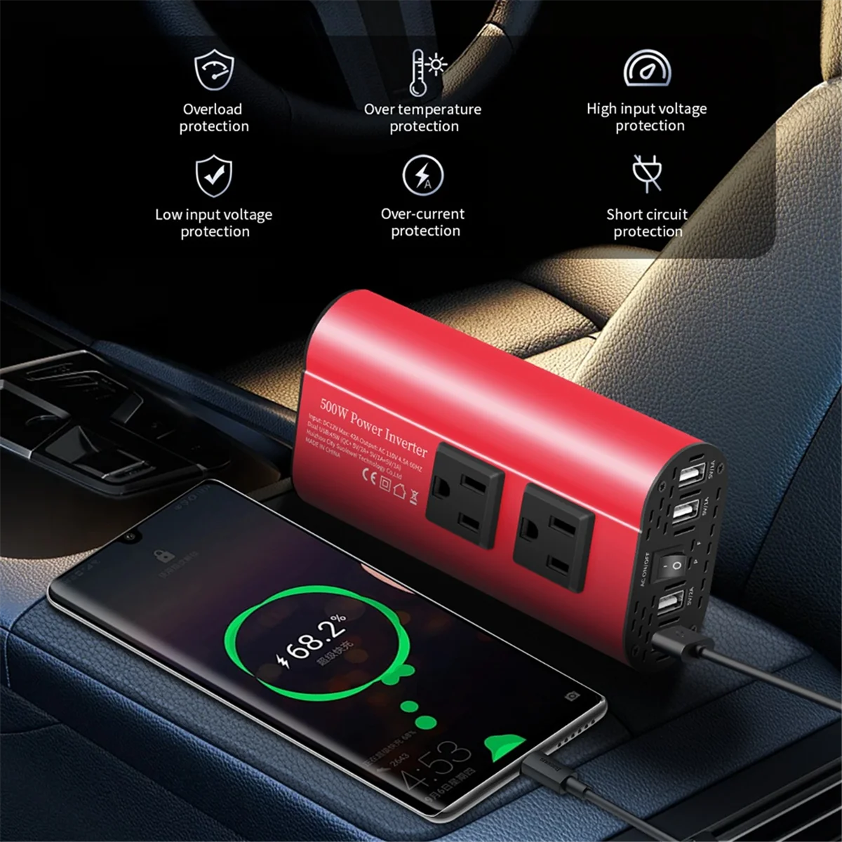 AT42 자동차 인버터 500W DC 12V ~ 110V AC 자동차 인버터 변환기 미국 표준 소켓이있는 자동 변압기