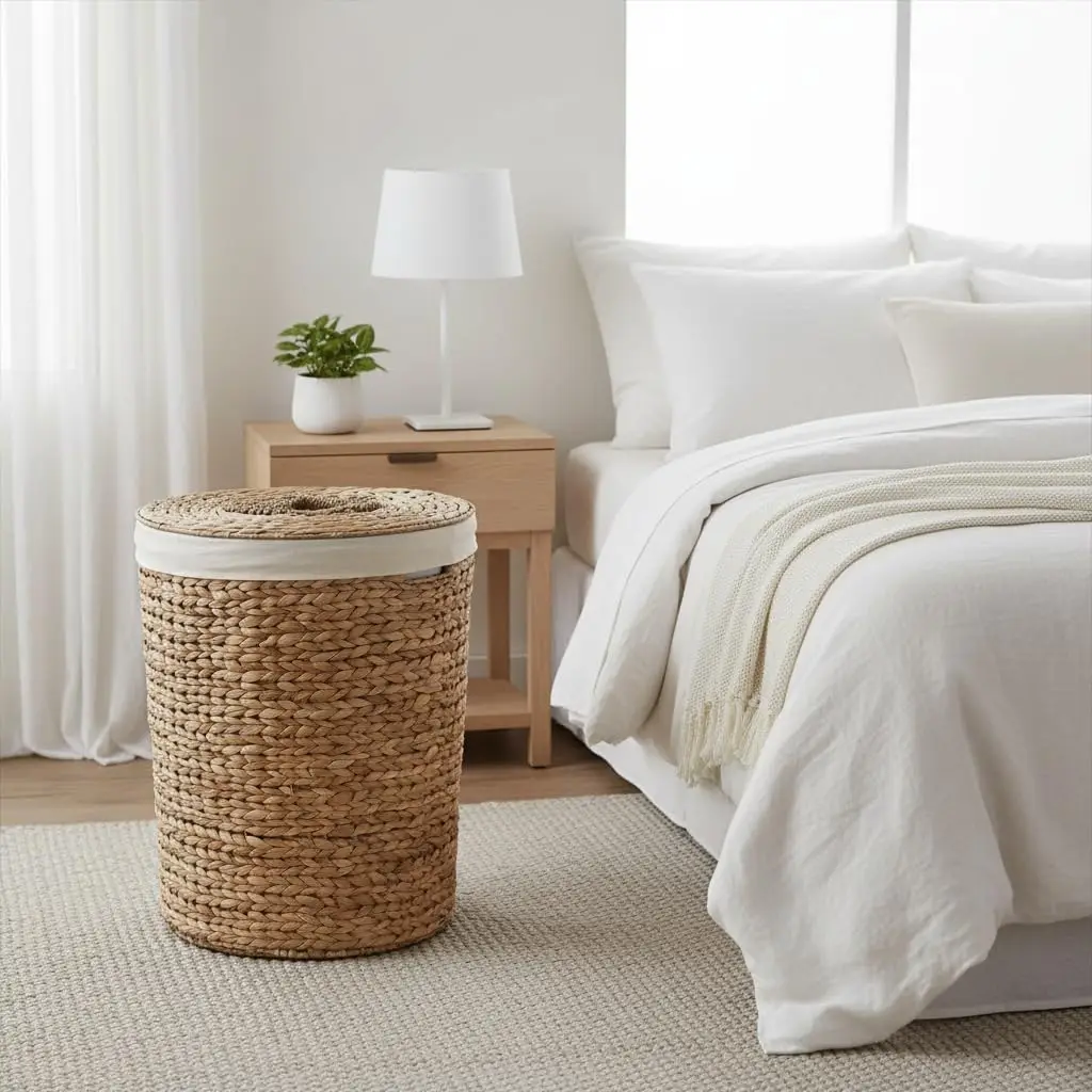 96L Round Woven Laundry Hamper with Lid, Large Water Hyacinth Wicker Storage Basket, 18x18x23 Inch Clothes Organizer