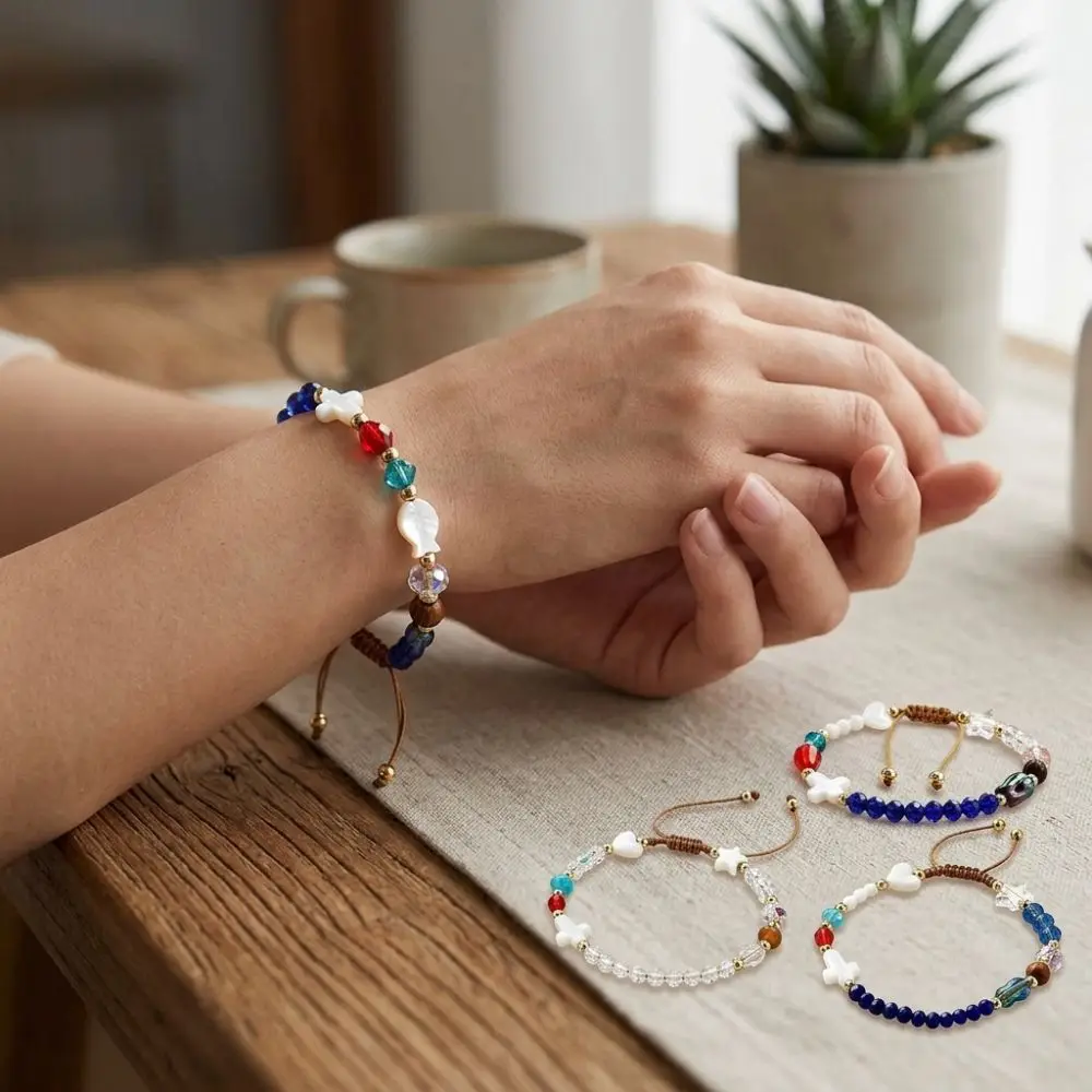 Adjustable Cross Crystal Bead Bracelet Handmade Fade-Resistant Heart Star Bangle Colorful Minimalist Beaded Charm Bracelet
