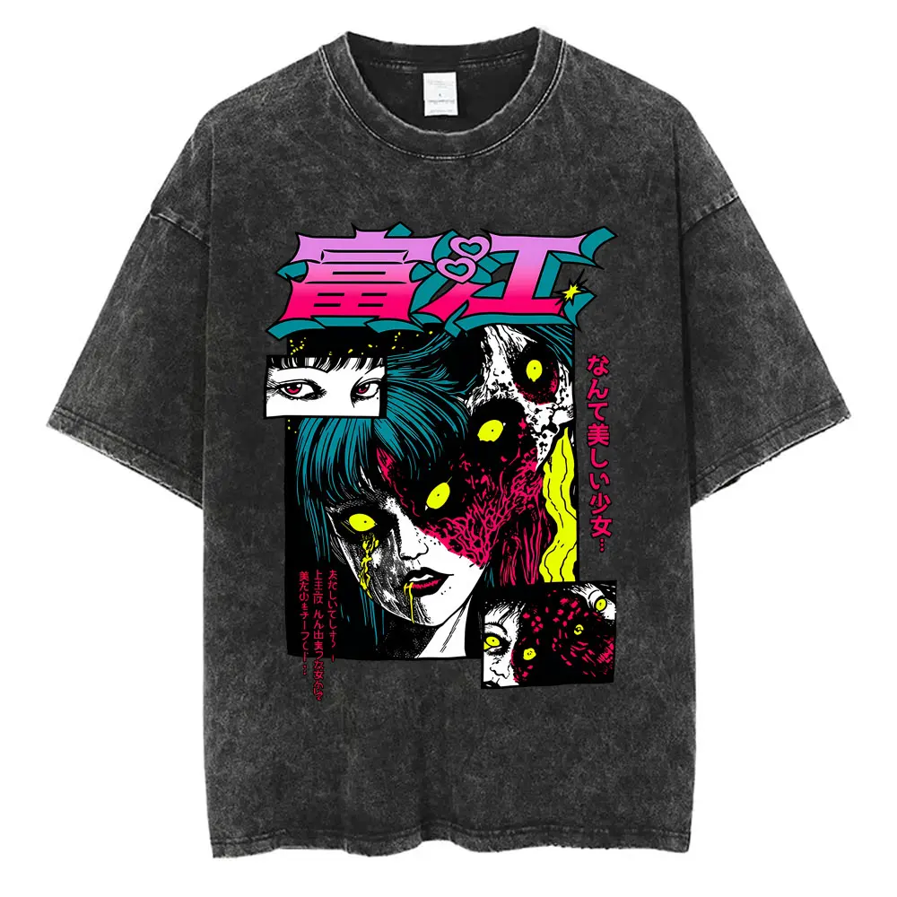 Hot Sale Anime Tomie Junji Ito Vintage Washed T-shirt Men Women Manga Horror Gothic T Shirt Men's Clothing Retro Cotton T-shirts